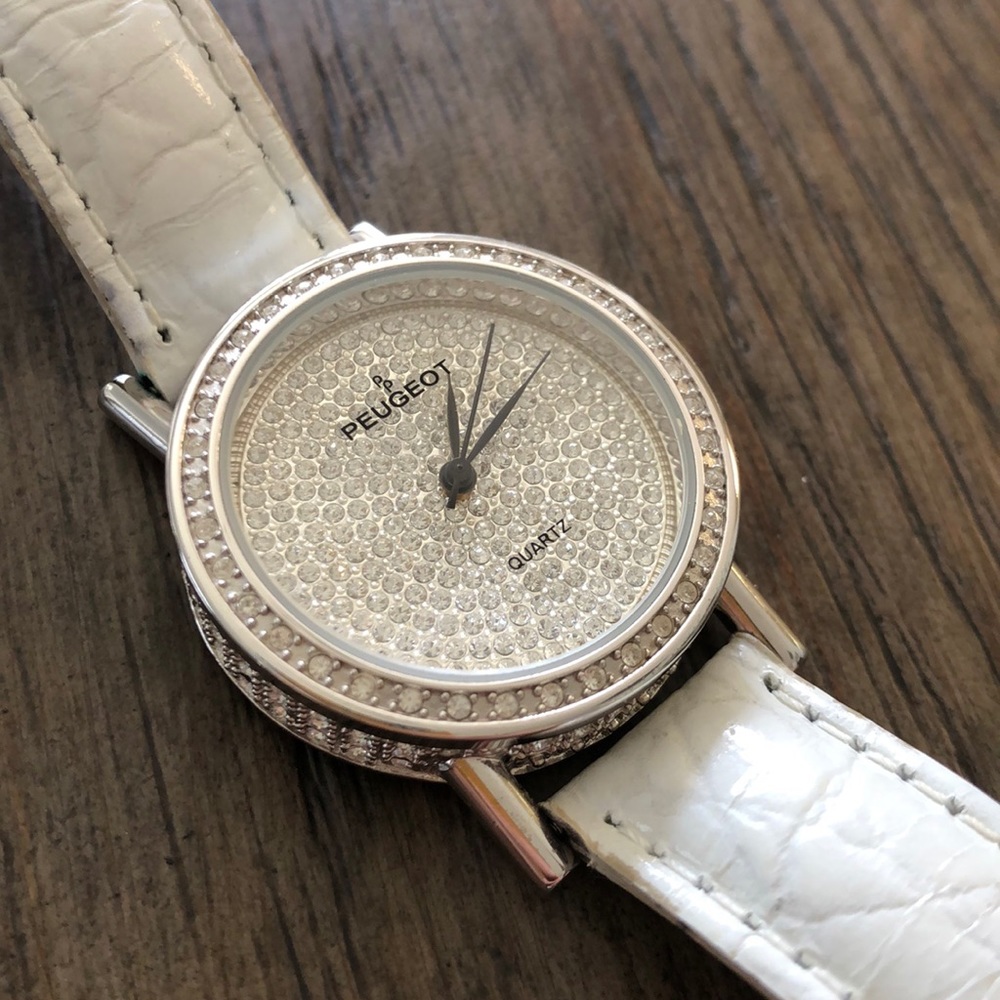 Peugeot Quarts Crystal Dial White Leather strap